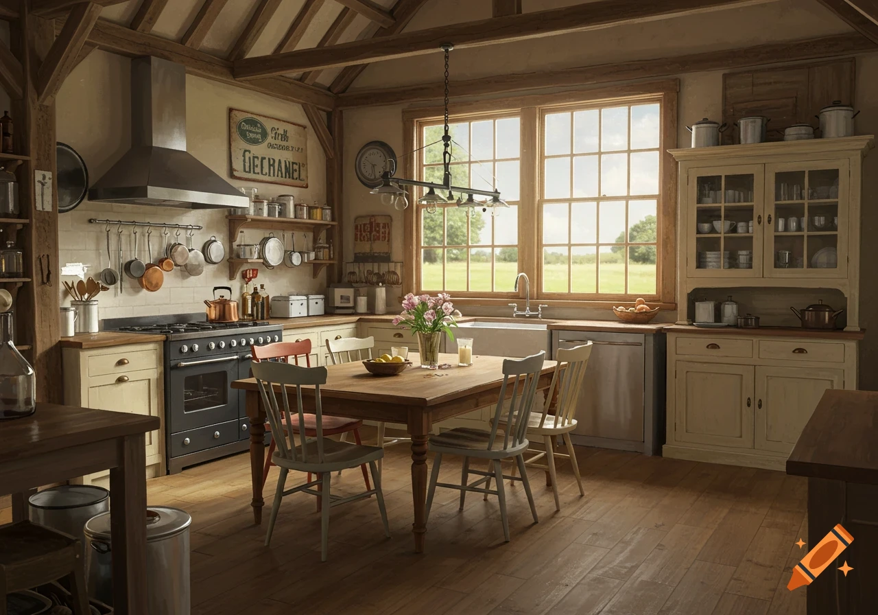 A rustic kitchen inside a barn, with a large window, stove, sink, and a wooden table and chairs.