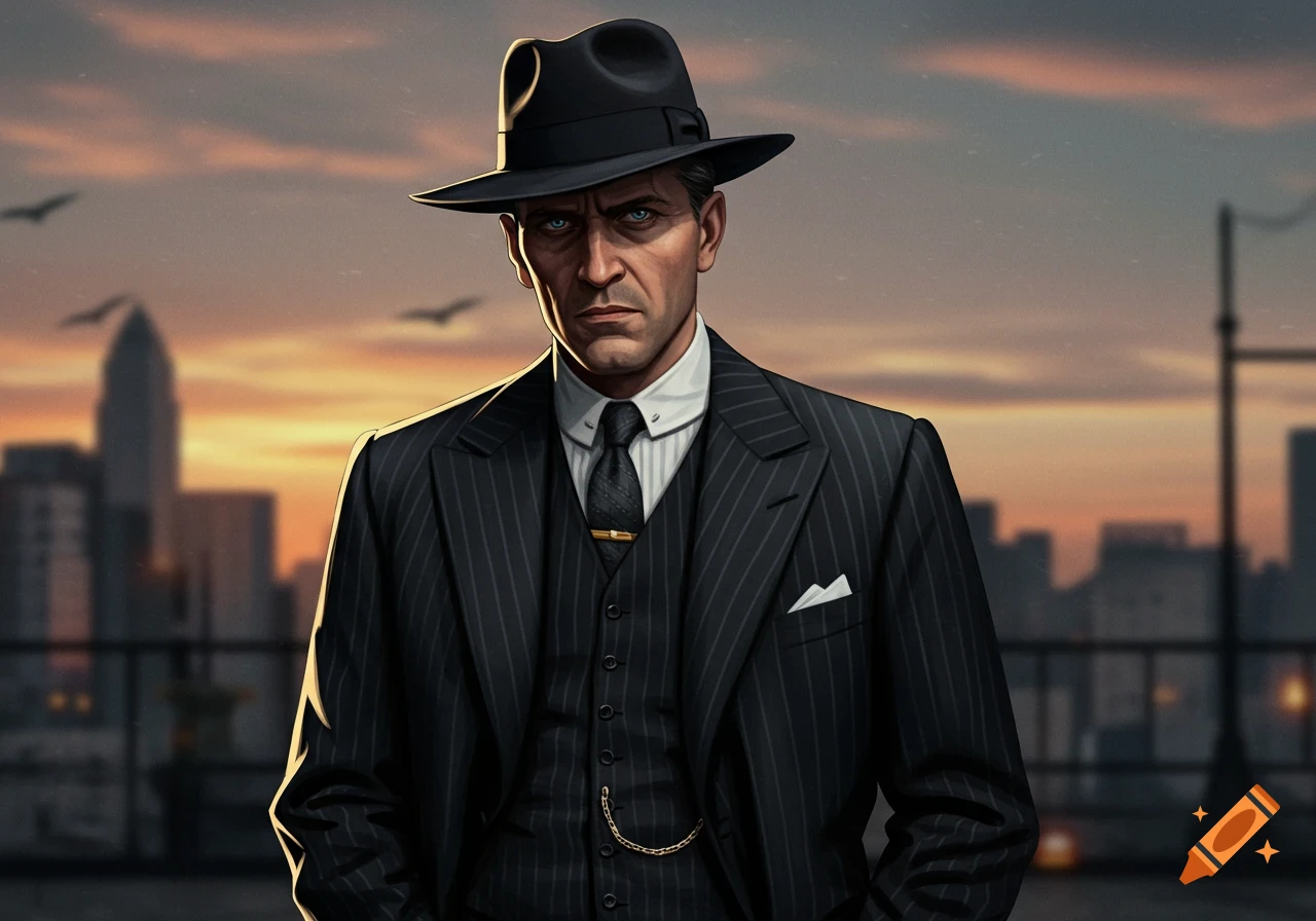 Man in fedora and pinstripe suit against city skyline at sunset