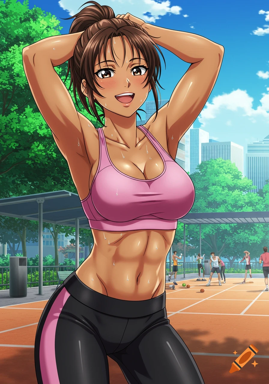 Anime style drawing of a woman in a pink sports bra and black leggings working out outdoors.