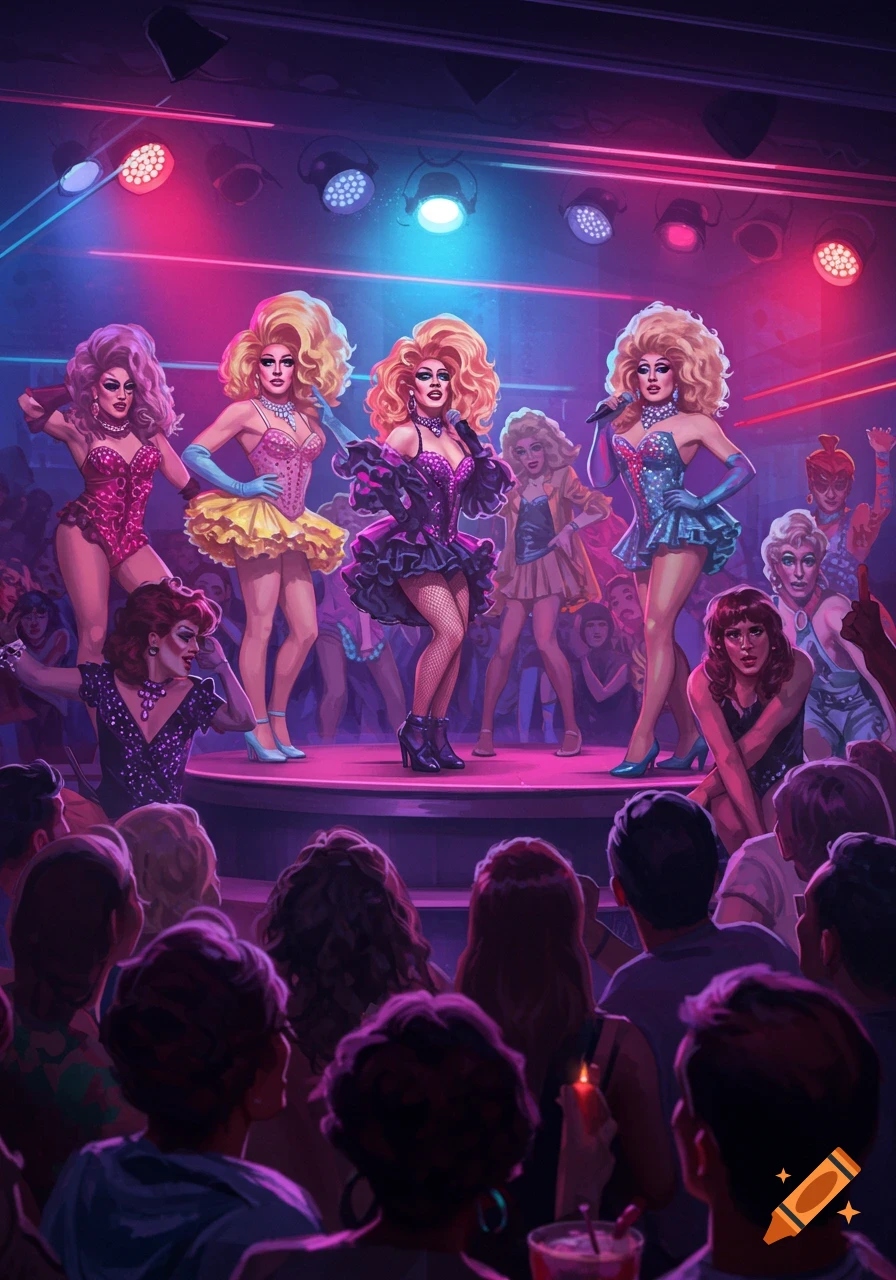 Drag queens perform on a stage in a club under pink and blue lights, with a crowd watching.