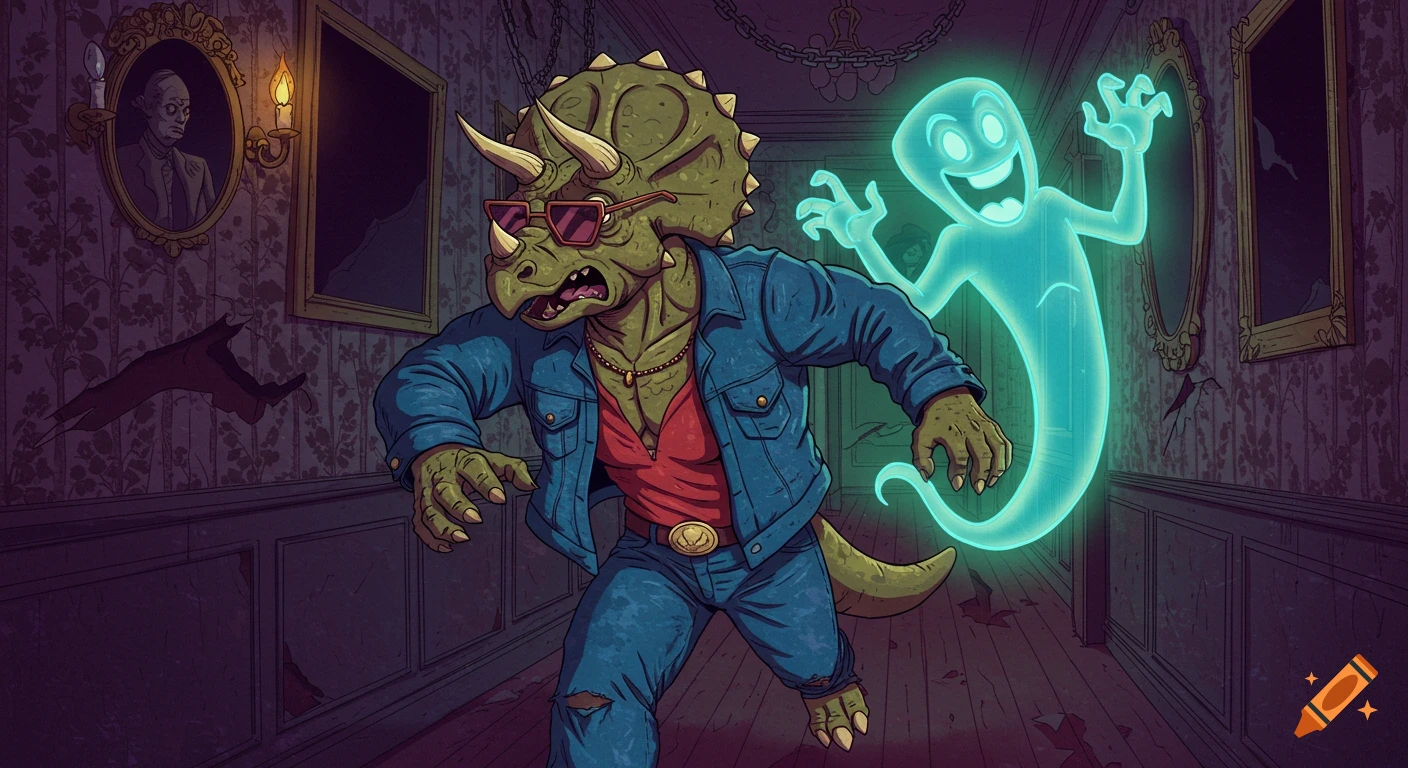 Retro cartoon of a Triceratops in a denim jacket running from a ghost in a haunted mansion.