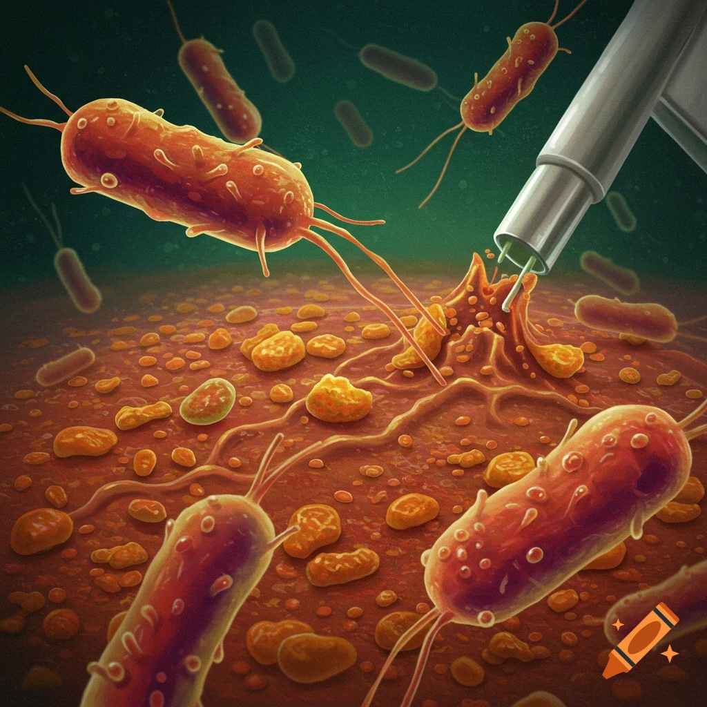 Illustration of bacteria on a surface, with a tool interacting with one cell.