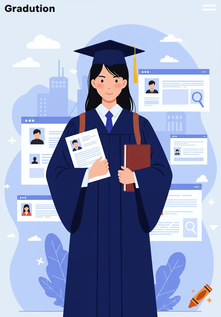 Illustration of a student in a graduation gown with job search screens in the background