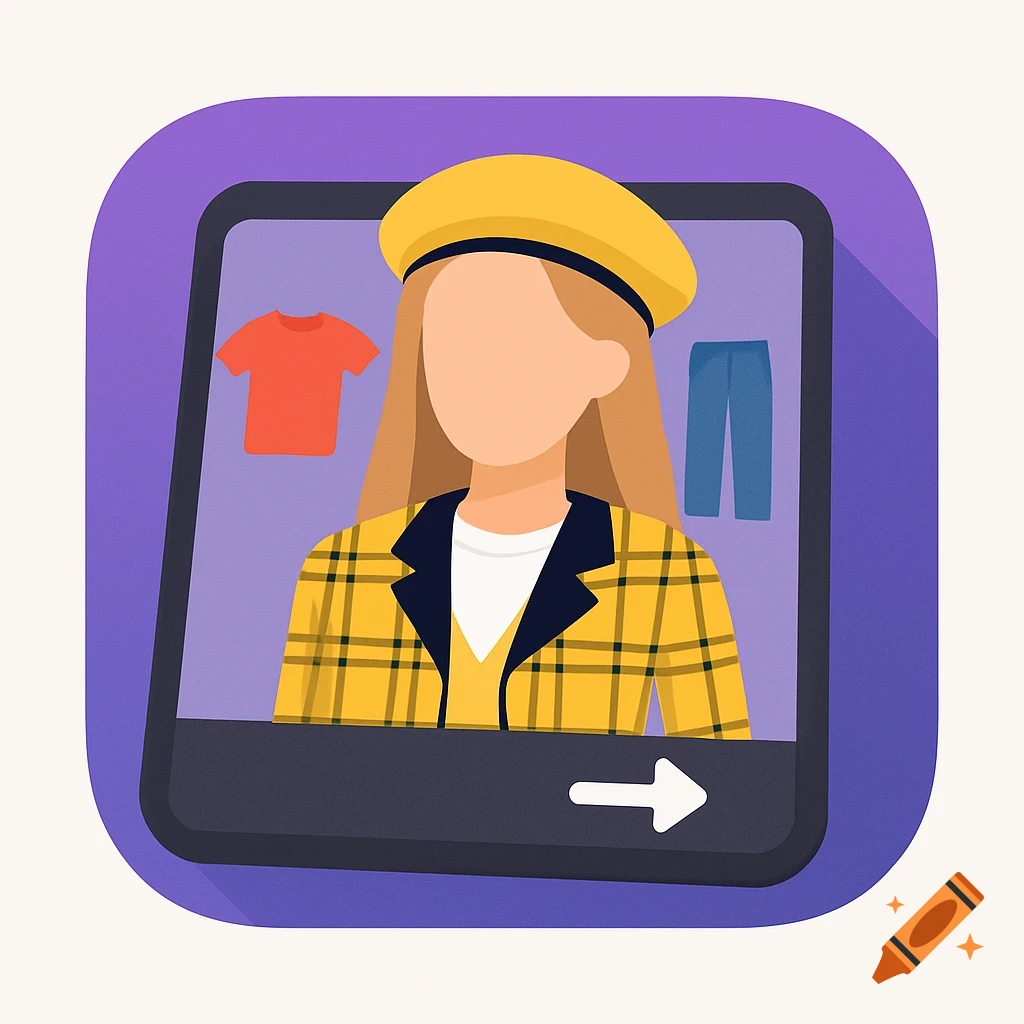Stylized app icon showing a person in a yellow plaid jacket inside a screen with clothing items.