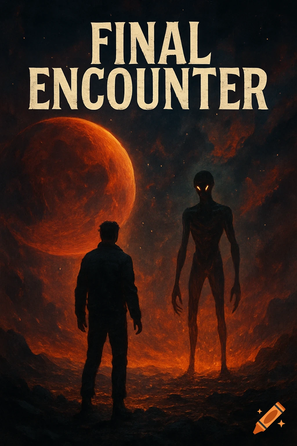 A man and an alien stand on a fiery landscape under a large red planet with the title "FINAL ENCOUNTER".