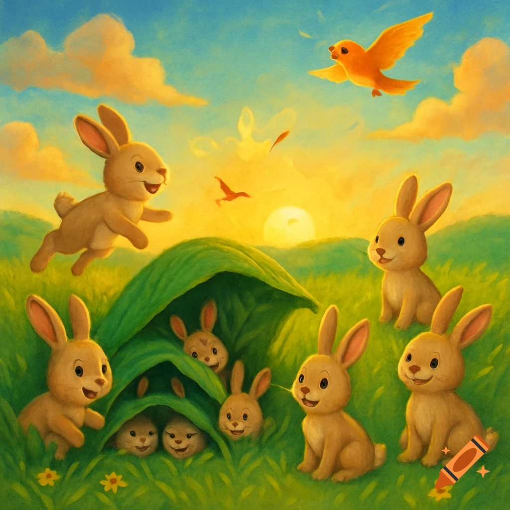 Cute bunnies play and hide under a large green leaf with a bird flying overhead at sunrise in a painted illustration.