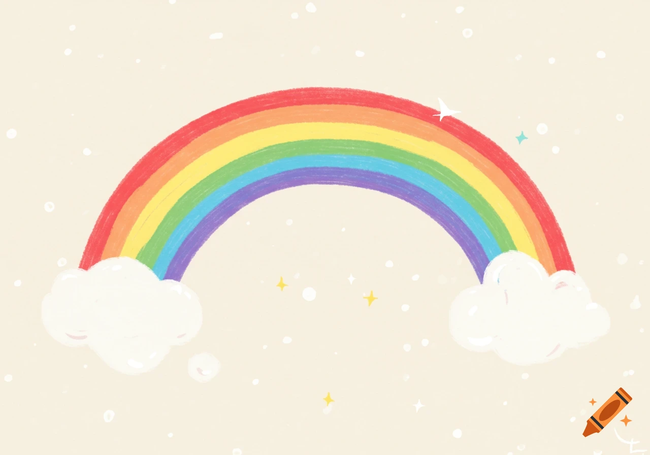 A colorful crayon-style drawing of a rainbow arcing between two fluffy clouds, with stars and sparkles on a light background.
