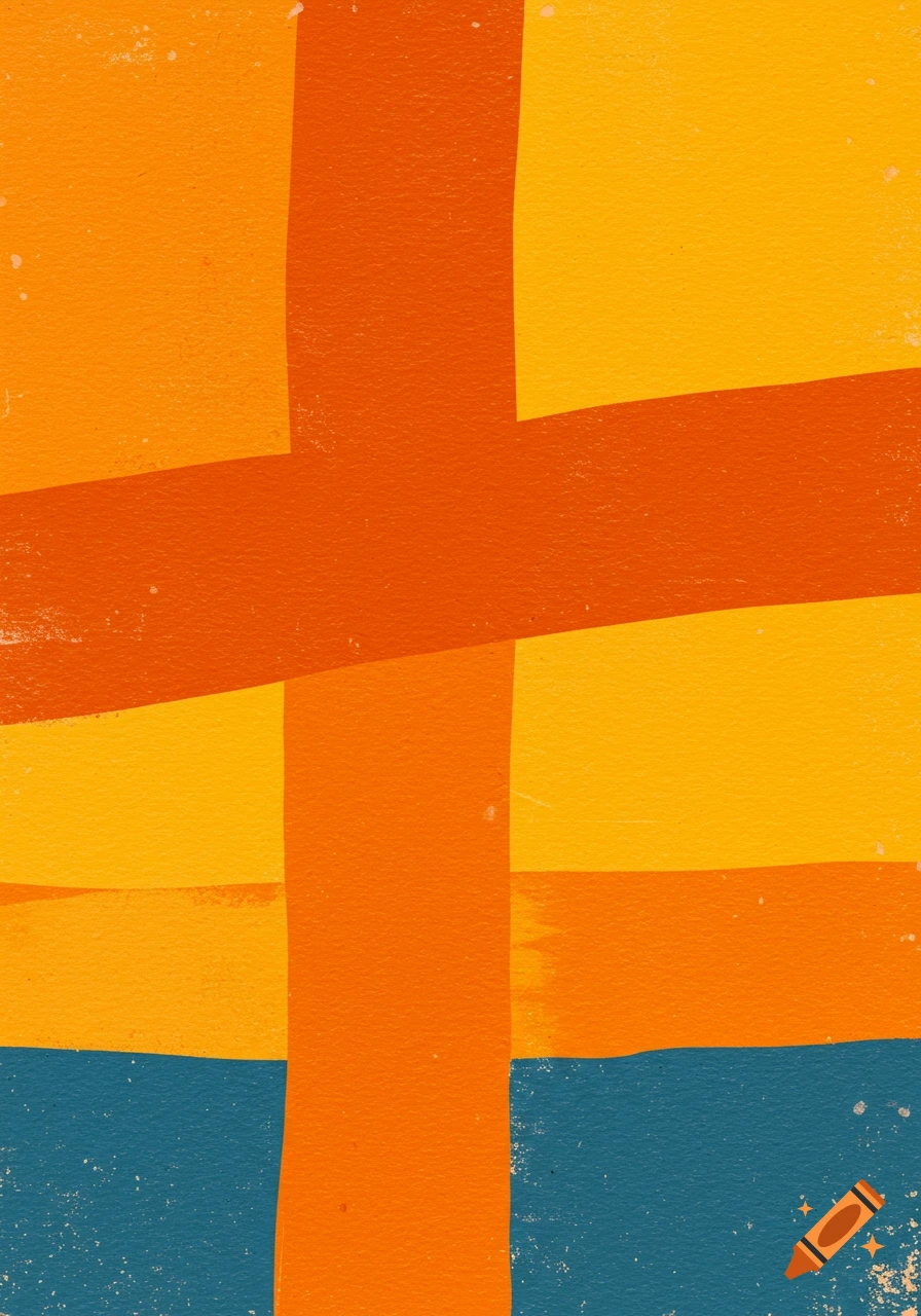 Abstract painting with orange, yellow, and blue blocks and lines on a textured background.