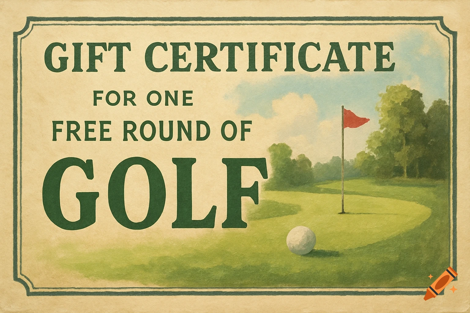 Gift certificate with text and illustration of a golf green, ball, and flag.