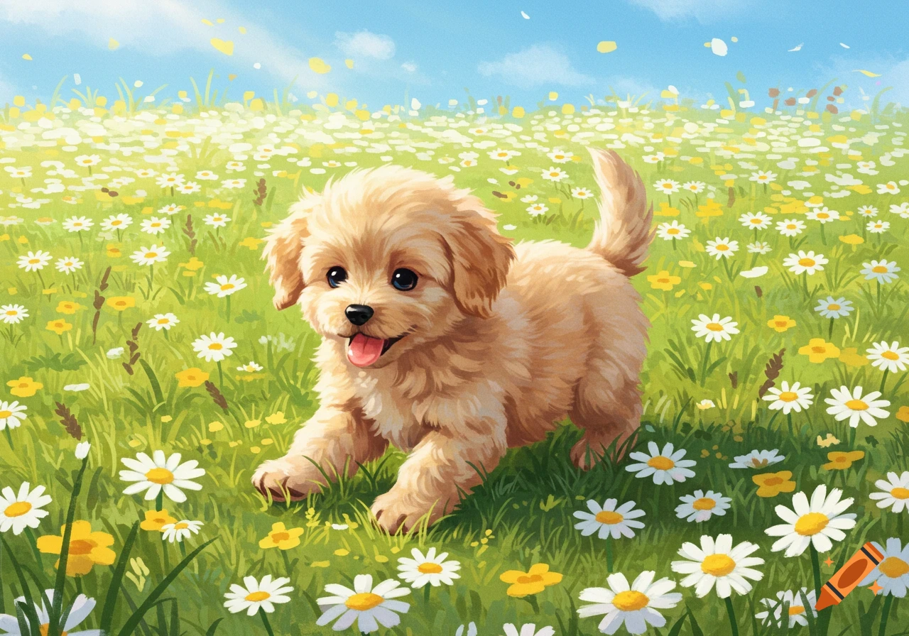 Cute puppy runs through a field of white and yellow daisies. Digital painting.