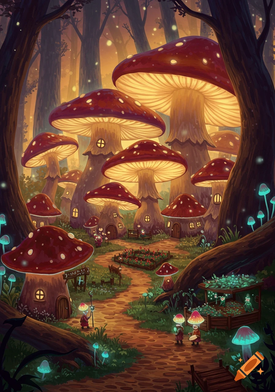 Fantasy illustration of a mushroom village in a forest with small inhabitants and glowing elements.