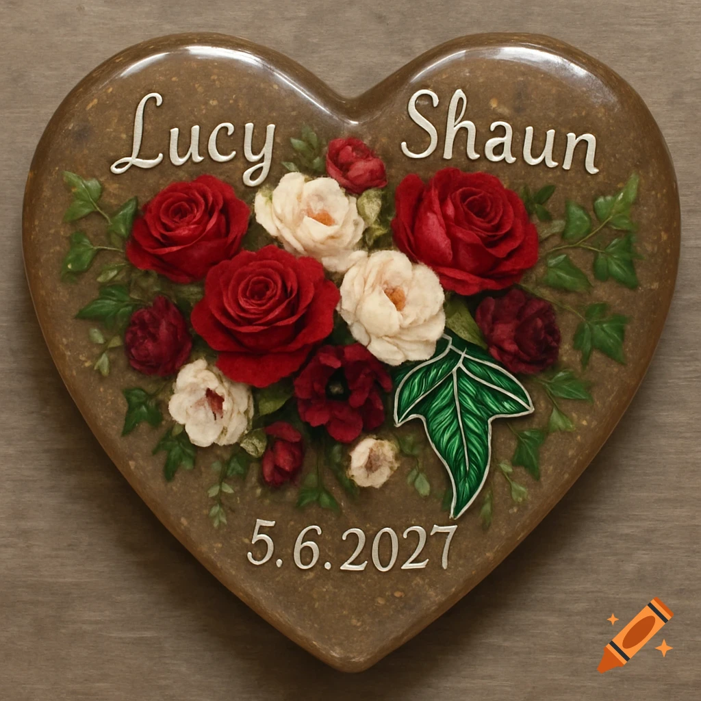 Heart-shaped plaque with 'Lucy Shaun 5.6.2027', red and white roses, and green leaves.