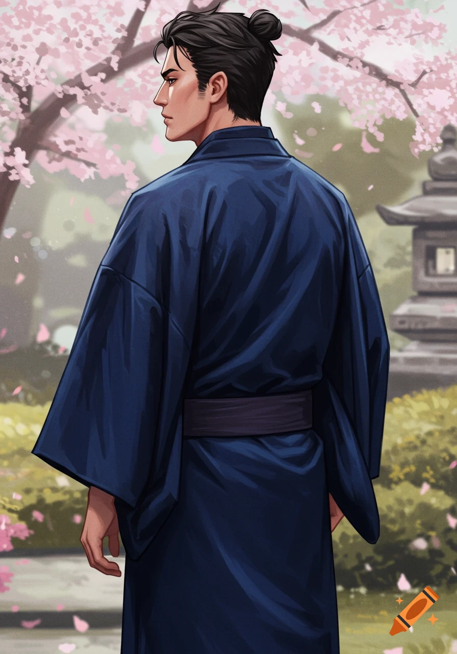 Anime-style illustration of a man in a blue kimono looking at cherry blossoms in a garden.