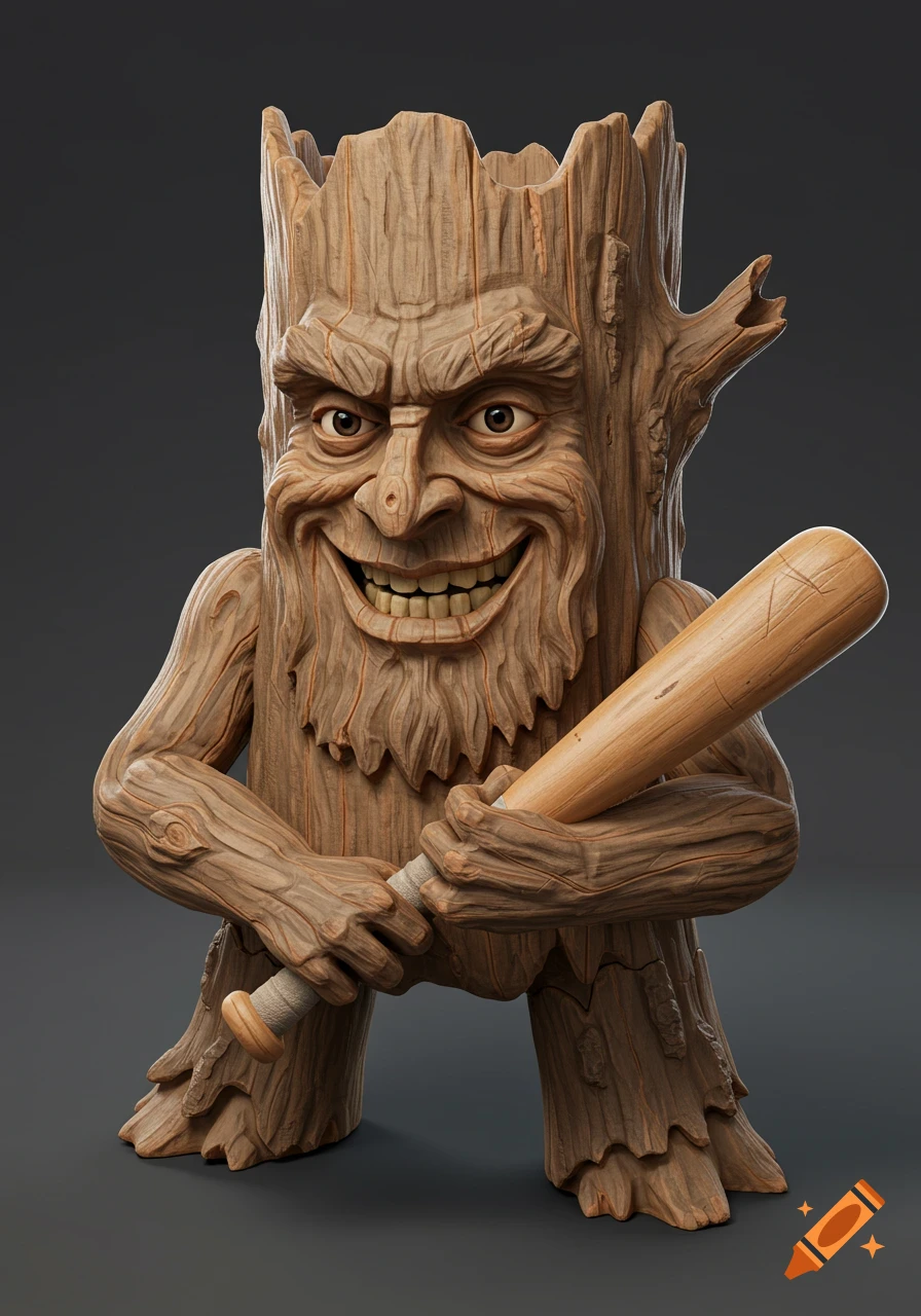 3D render of a stylized wood carving character holding a baseball bat.