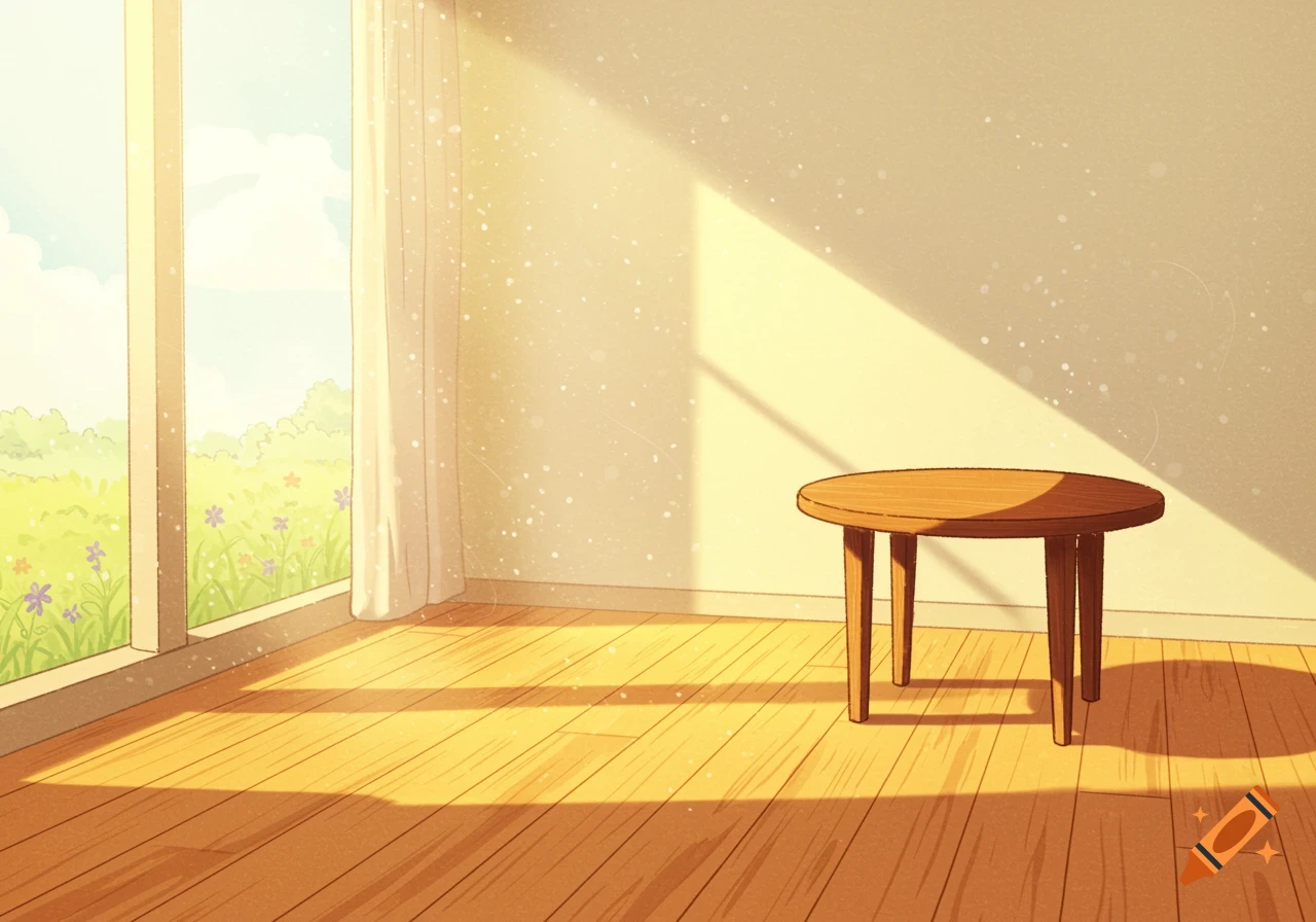 Sunny illustrated empty room with a table, window looking out at a field