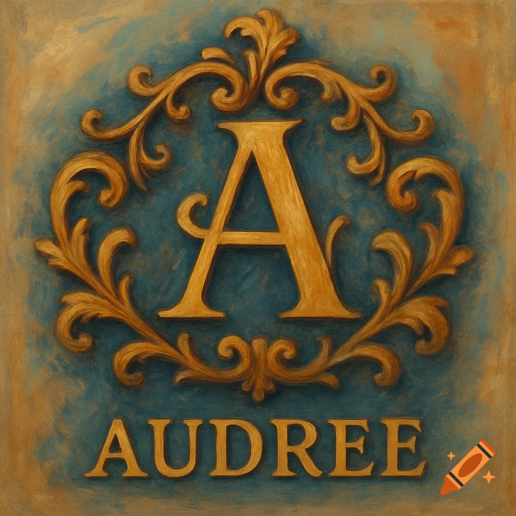 Golden monogram letter A and the name AUDREE in a decorative frame, painting style.