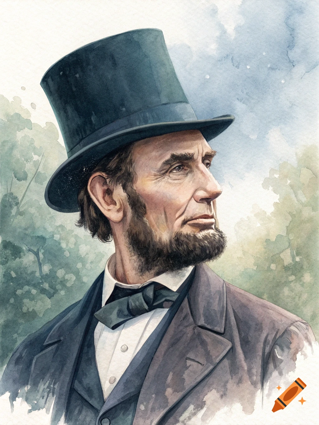 Watercolor portrait of Abraham Lincoln.