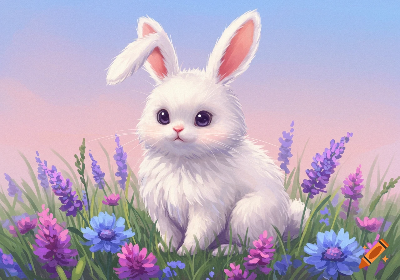 A cute white bunny rabbit sits among purple, pink, and blue flowers in a field.