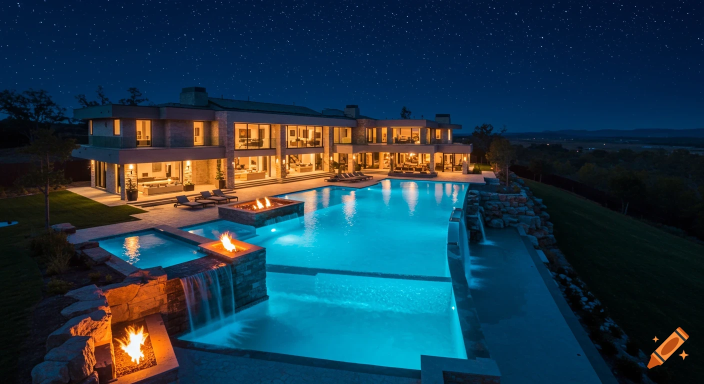 Luxury mansion with pool, fire pits, and waterfall at night under a starry sky