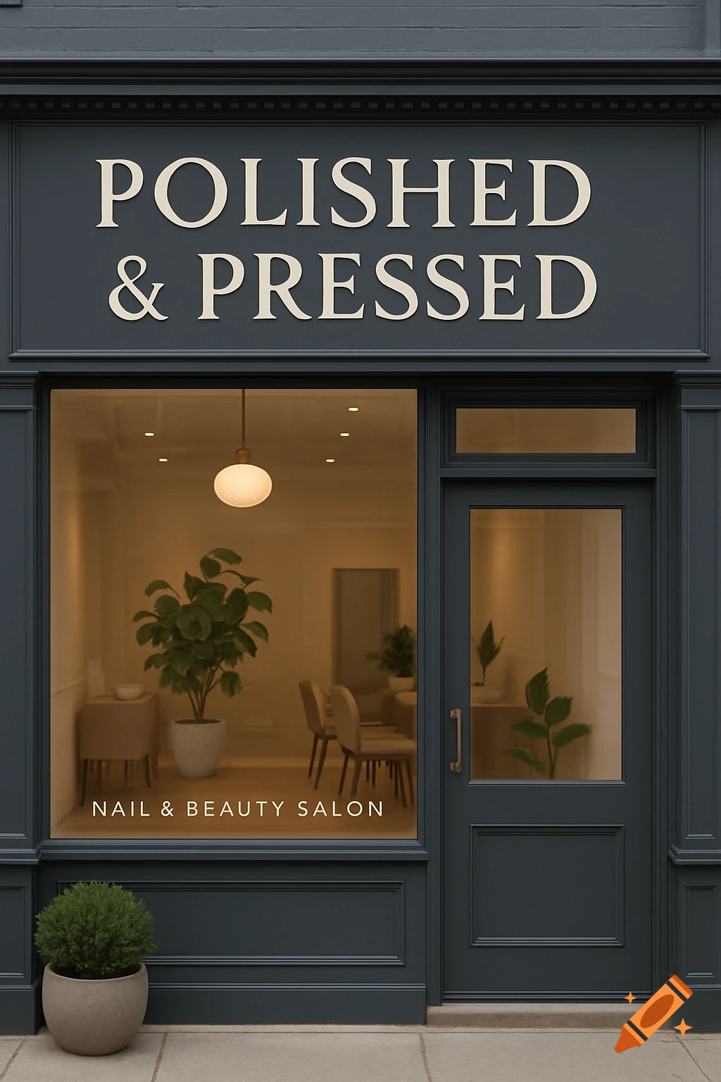 Exterior view of a salon storefront with a sign that reads 'POLISHED & PRESSED'.