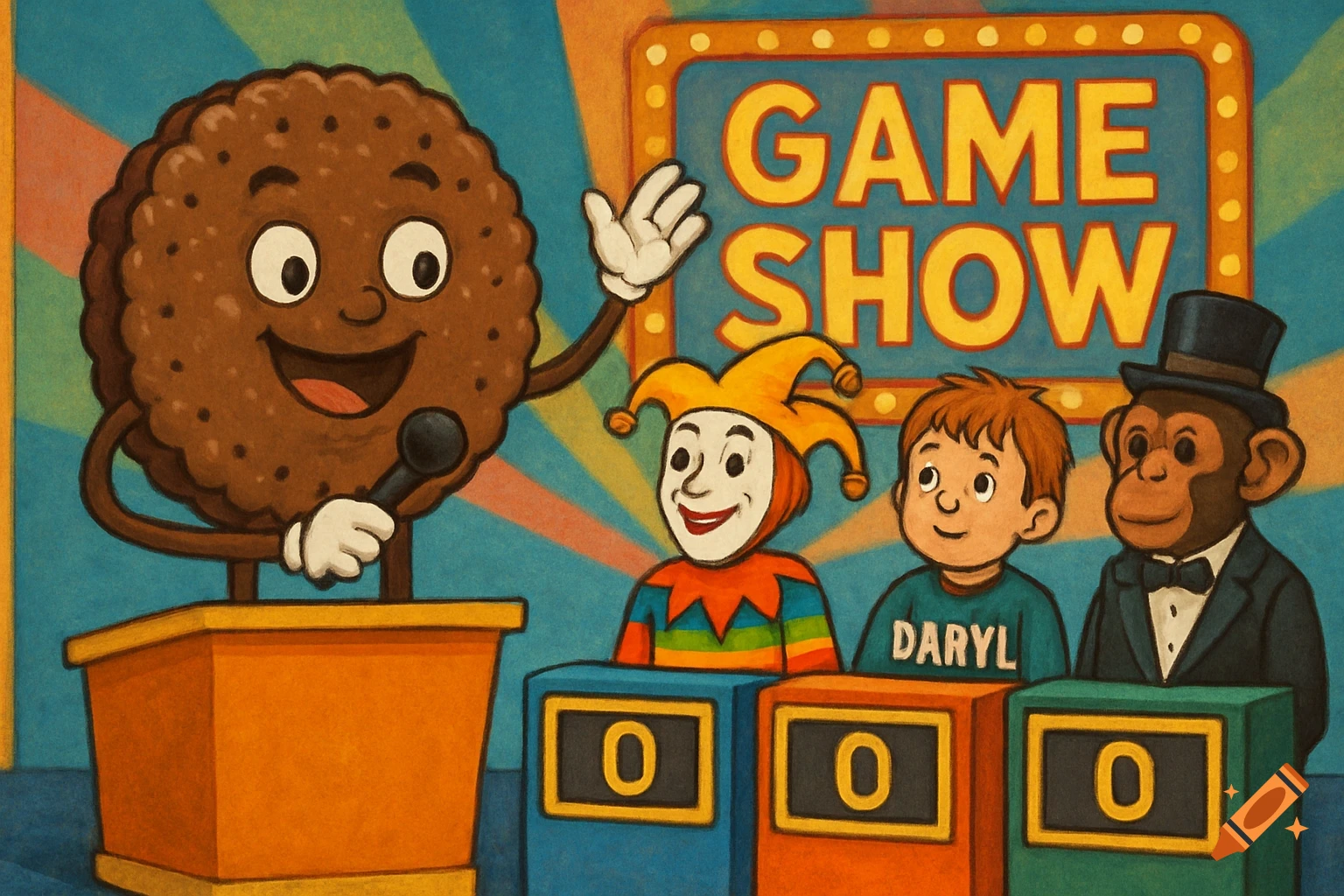 Cartoon cookie hosts a game show with jester, boy, and monkey contestants. Illustration style.