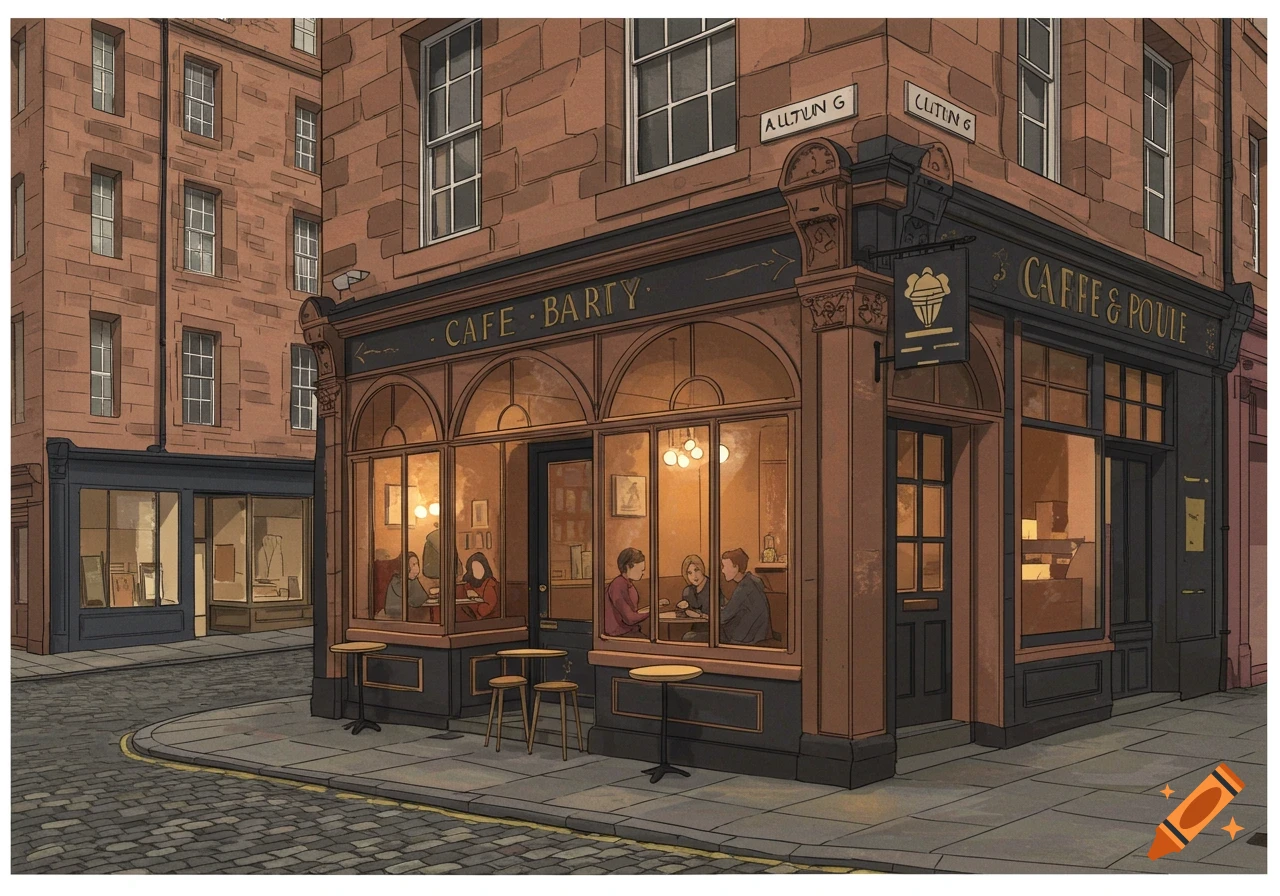 Illustration of a cafe on a cobblestone street corner with people seated inside, in a city scene.