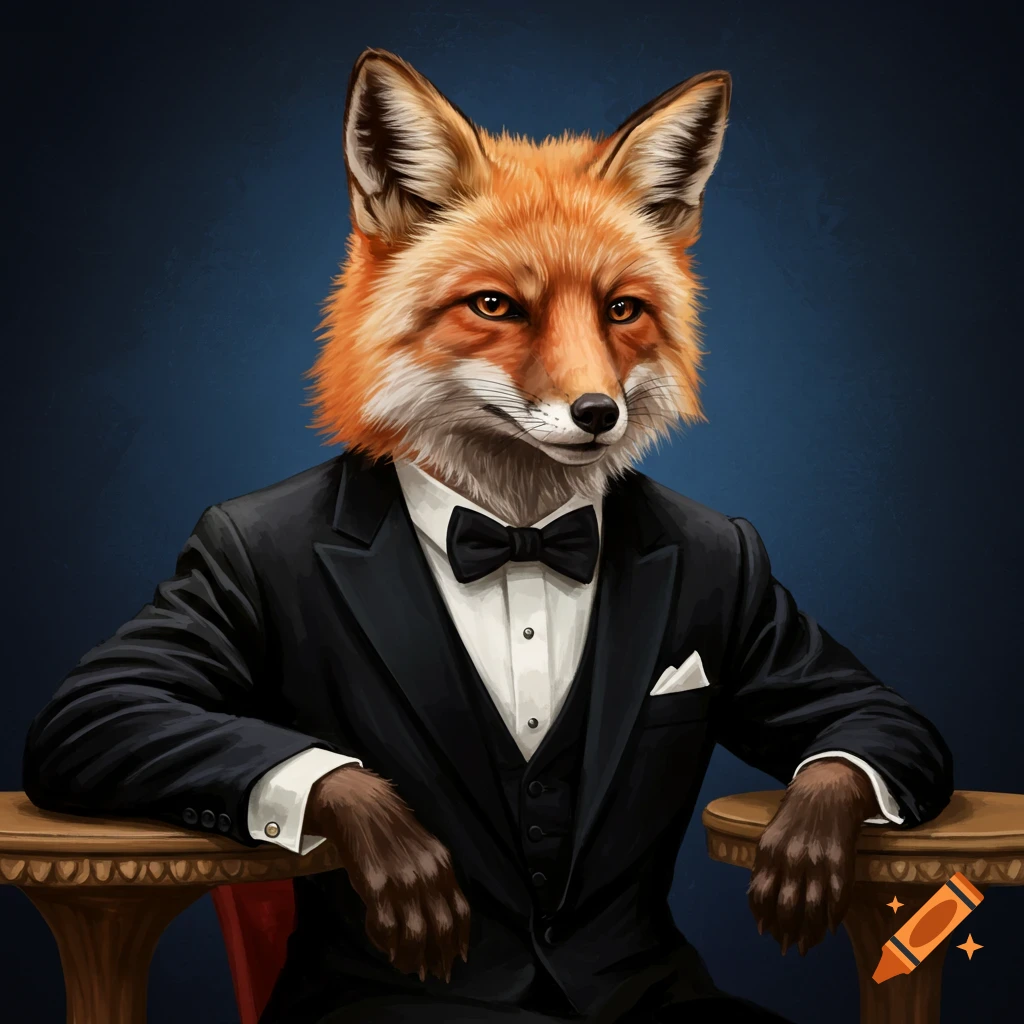 A red fox wearing a black tuxedo and bow tie, sitting at a table.