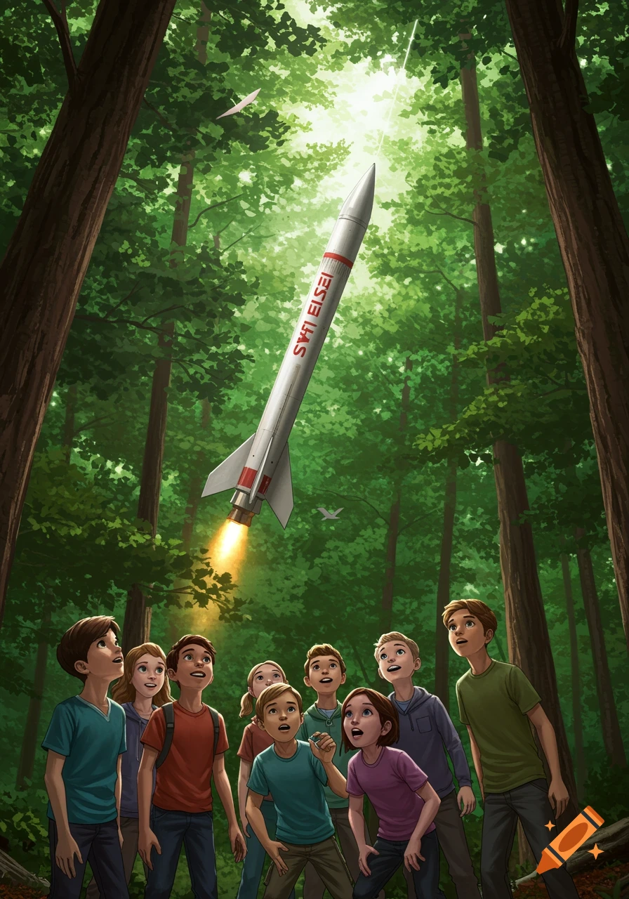 Children watch a small rocket launching upwards through tall trees in a forest.