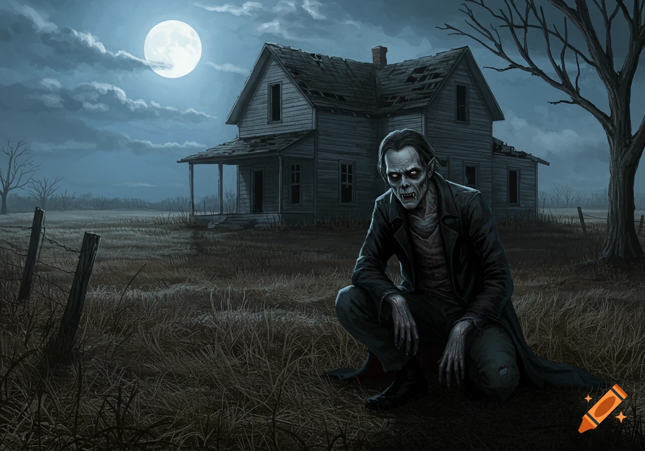 A ragged vampire crouches under a full moon in front of an abandoned farmhouse.