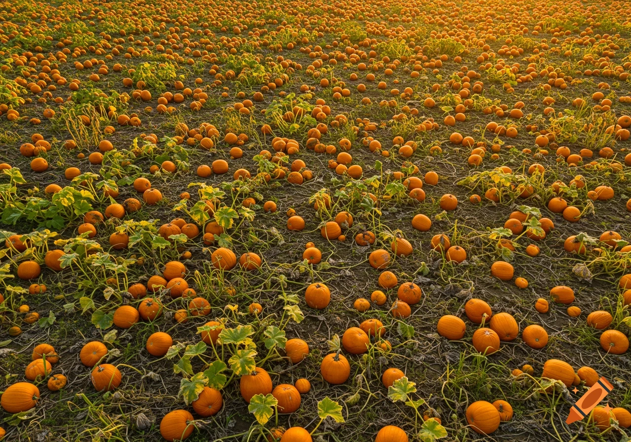 A wide shot of a field full of pumpkins at sunset.