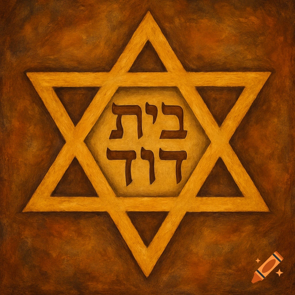Star of David with the Hebrew words 'Bayit David' (House of David) inside, in a textured, painted style.