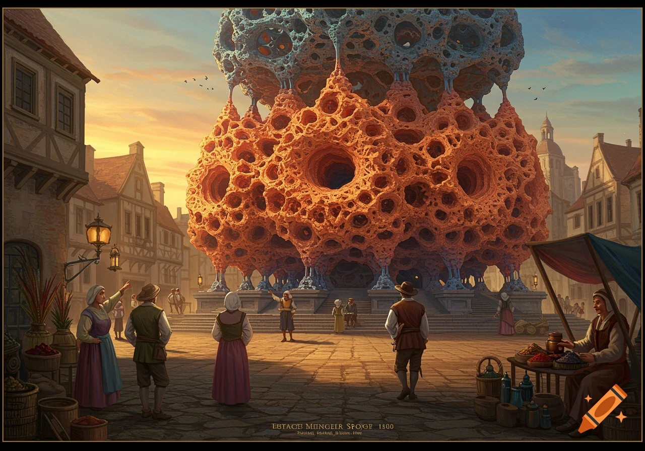 A medieval town square with people looking up at a large, surreal orange and blue fractal structure.