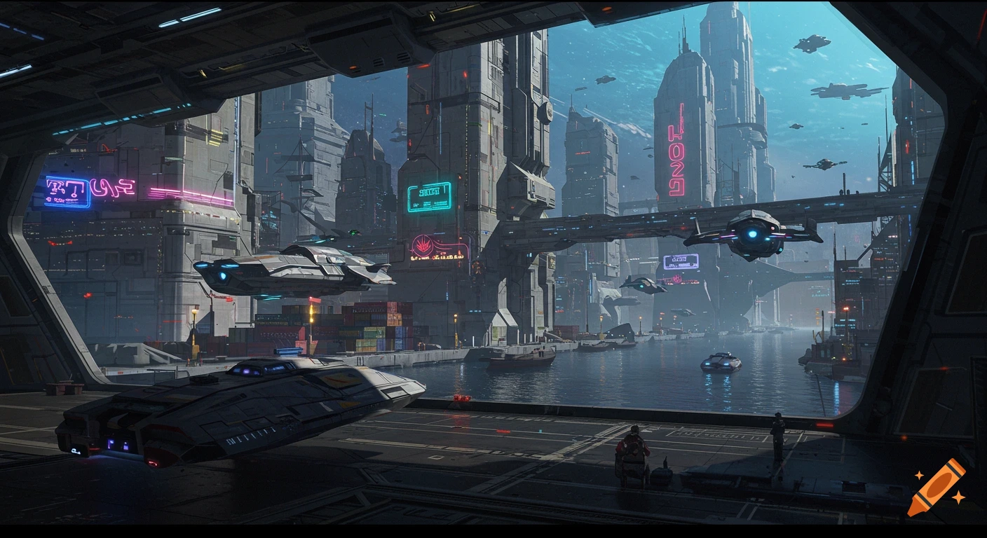 View from a ship's deck overlooking a futuristic sci-fi port city with towering buildings, spaceships, and water.