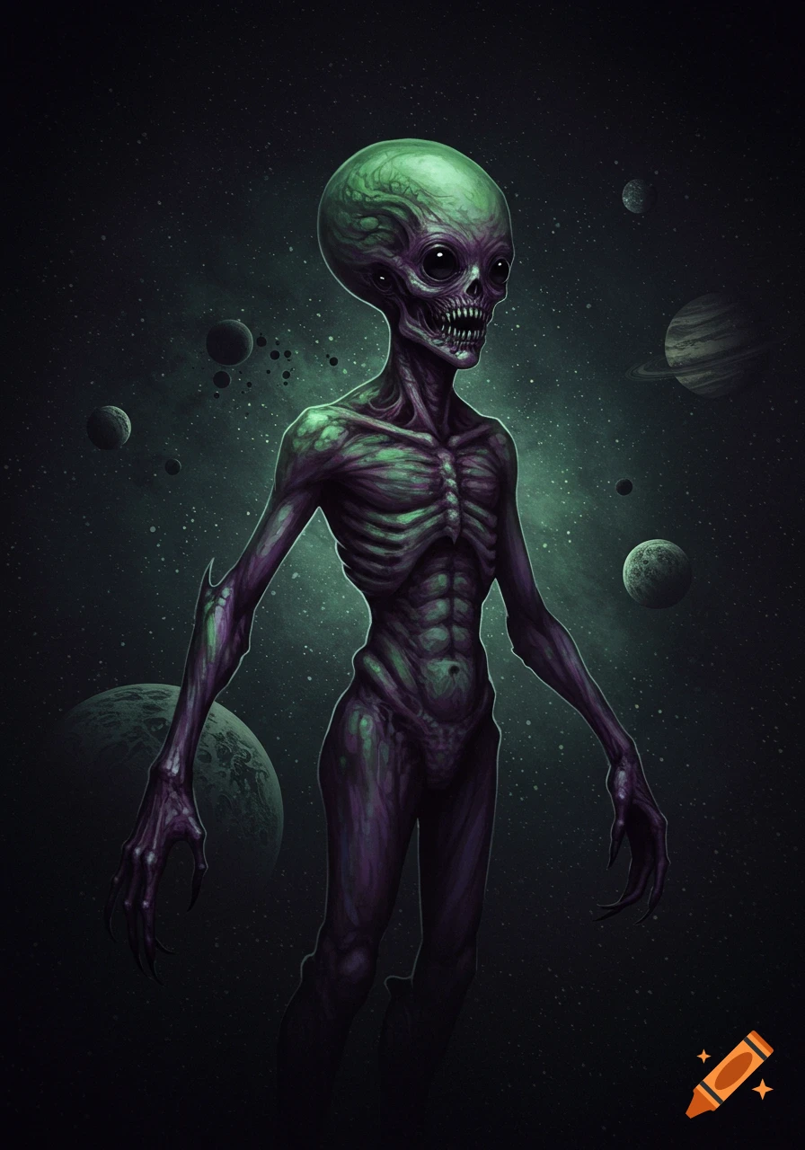 A skeletal, purple and green alien creature stands in deep space with planets and stars.