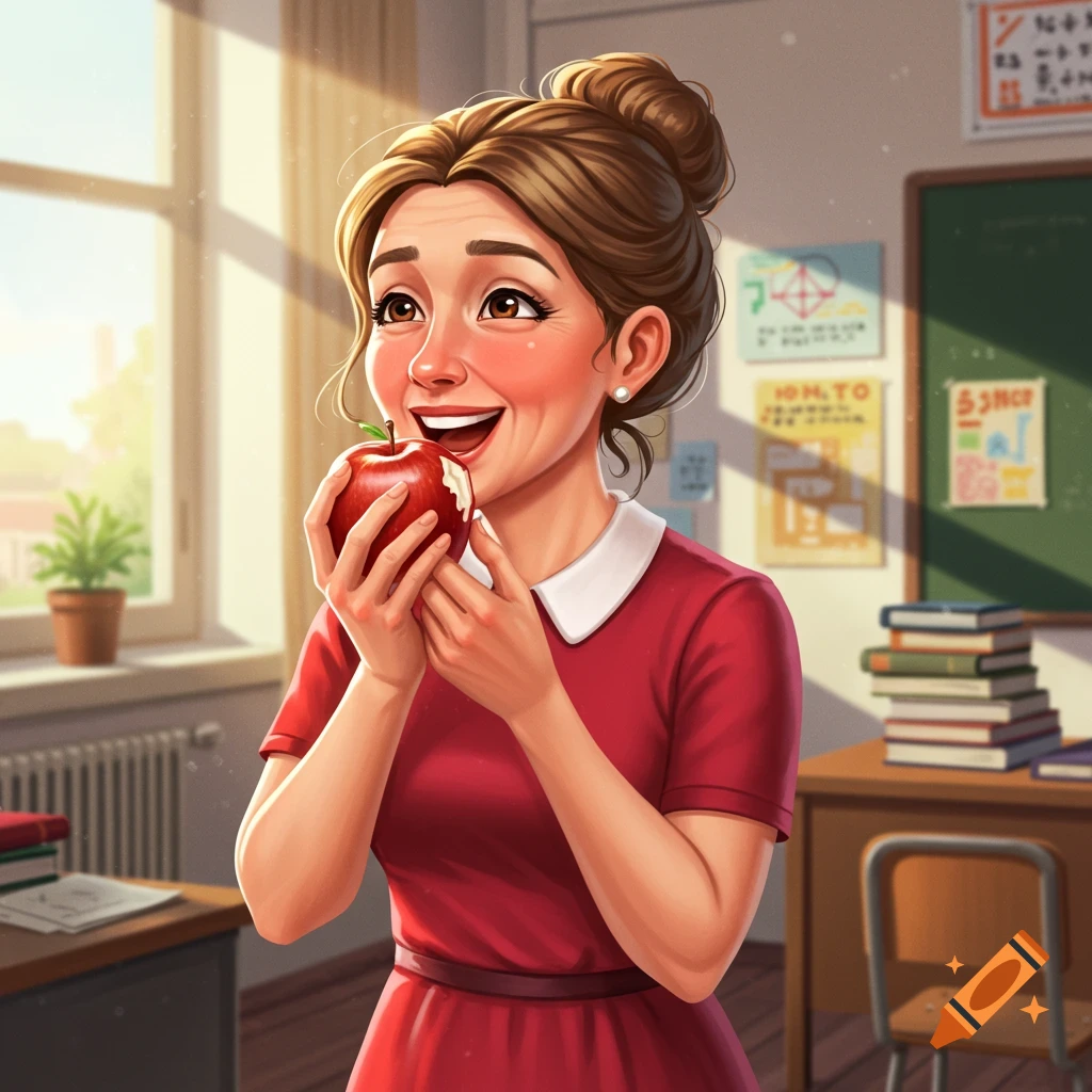 Cartoon teacher in a classroom smiling and eating an apple.