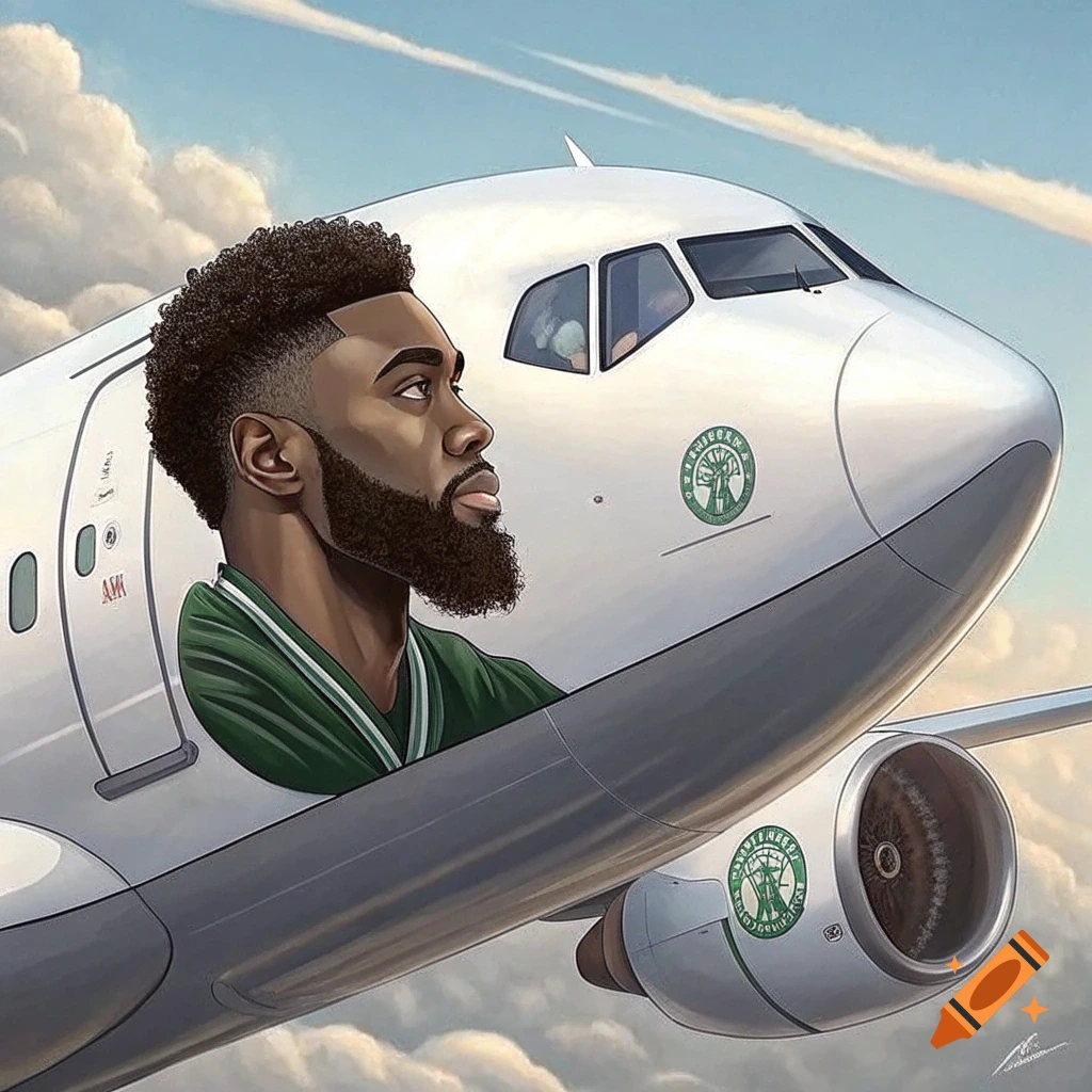 Illustration of Jaylen Brown integrated into a flying passenger jet