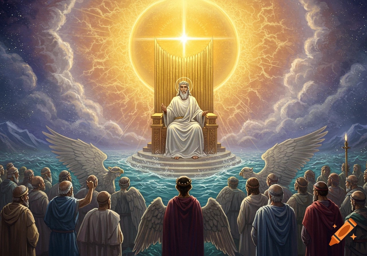 Divine figure on a throne above water, surrounded by people and winged angels, bathed in golden light.