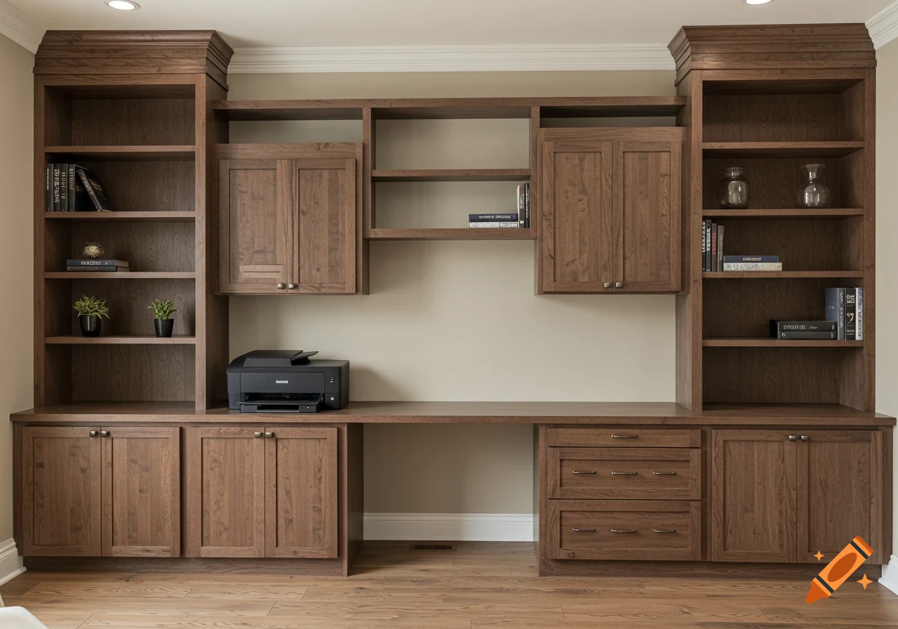 Built-in desk and shelving unit with cabinets, drawers, and space for a printer in a room.