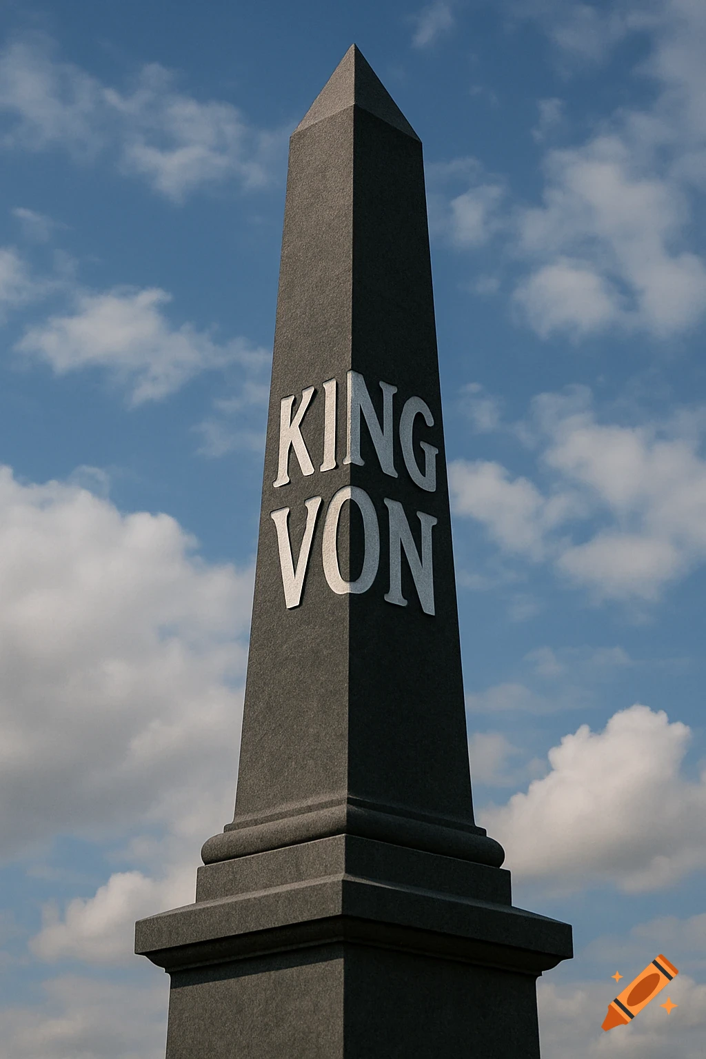 A stone obelisk with "KING VON" inscribed on its side against a cloudy blue sky.