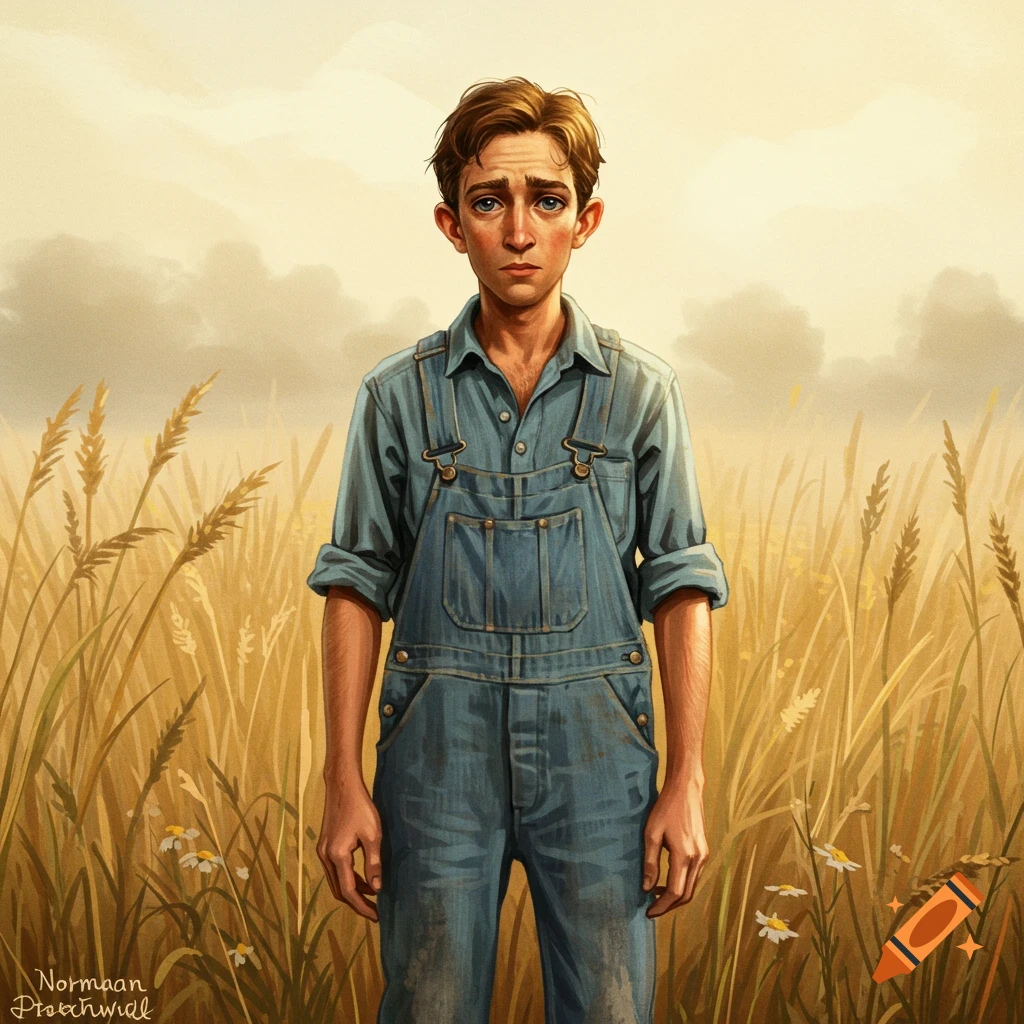 Painting of a young man in denim overalls standing in a wheat field.