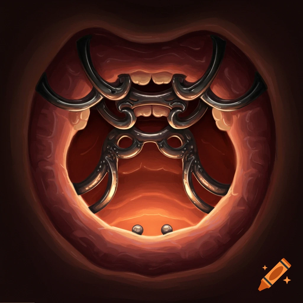 Close-up view inside a throat showing metallic jewelry attached.