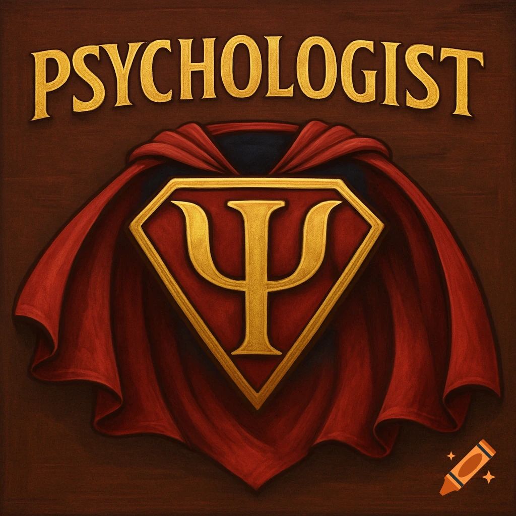 Gold PSYCHOLOGIST text above a superhero emblem with a Psi symbol and red cape.