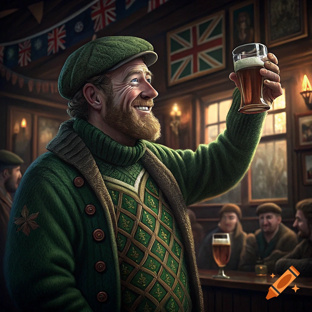 An Irish man in a pub raising a glass of beer, with Union Jack flags in the background.