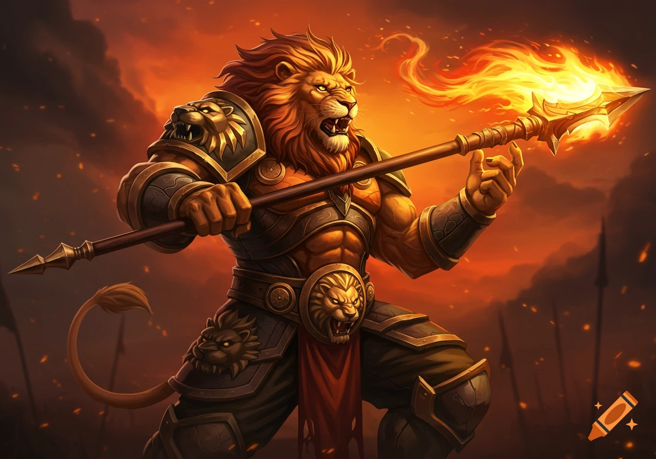 A muscular lion warrior in armor holds a flaming spear against a fiery, smoky background.