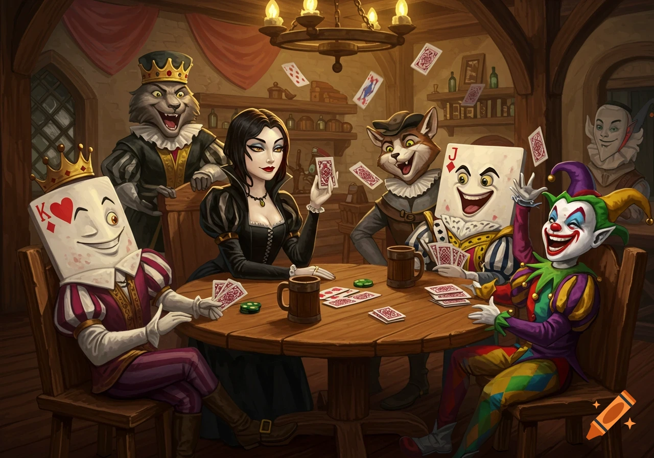 Card characters, fantasy creatures, and a woman play cards at a table in a medieval tavern.
