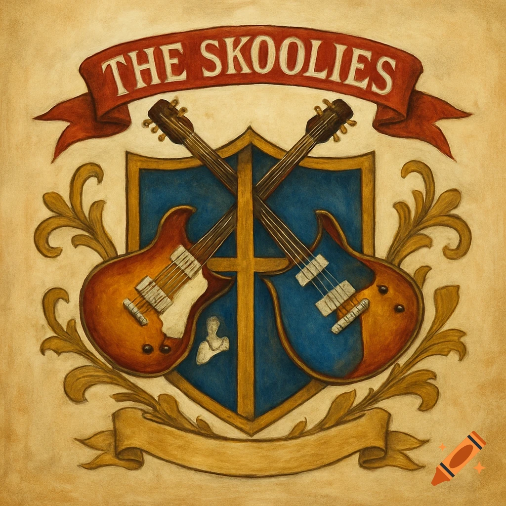 A crest with crossed guitars and a banner saying 'THE SKOOLIES', in a painted style.