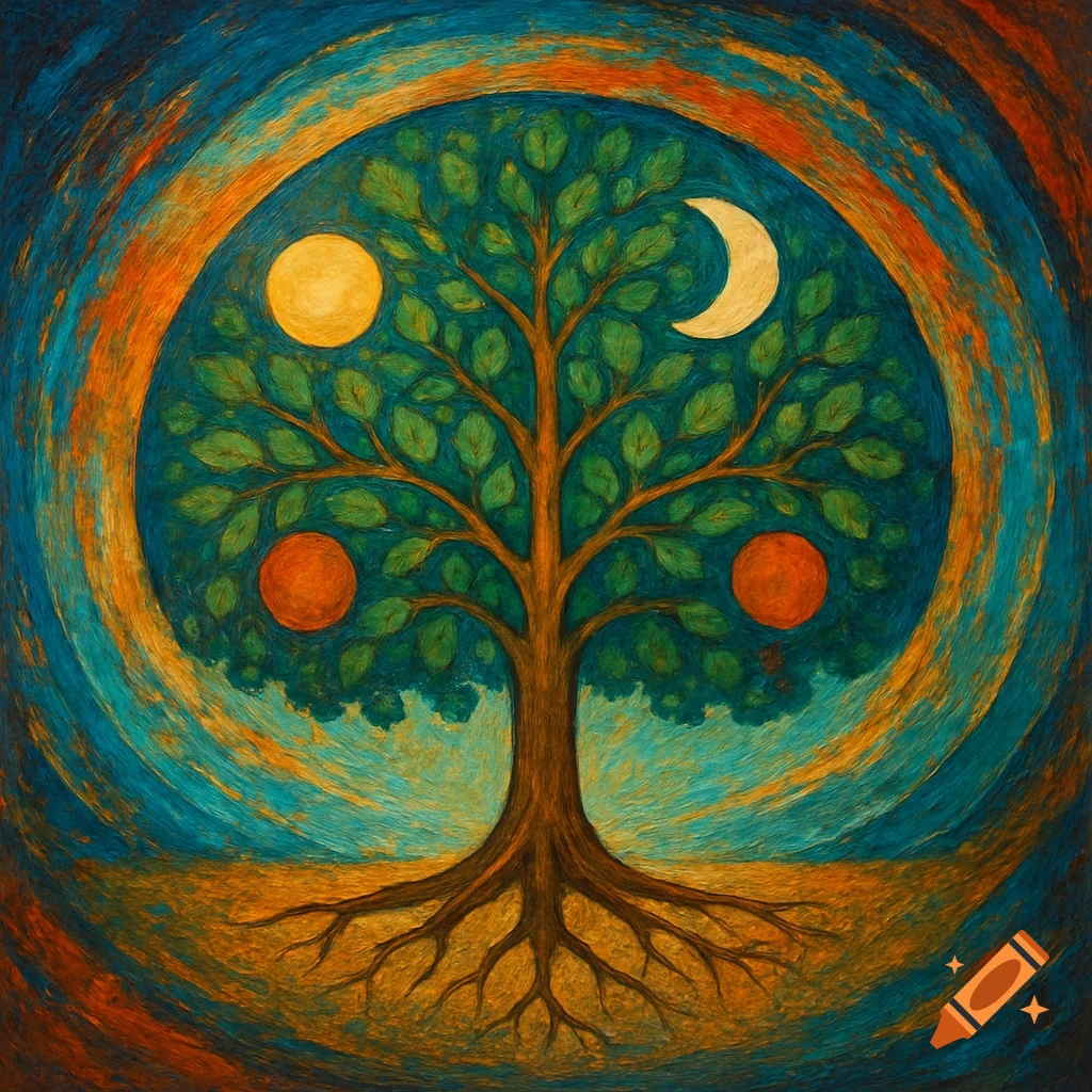 A stylized painting of a tree with a sun and moon surrounded by colorful swirling roots and sky.