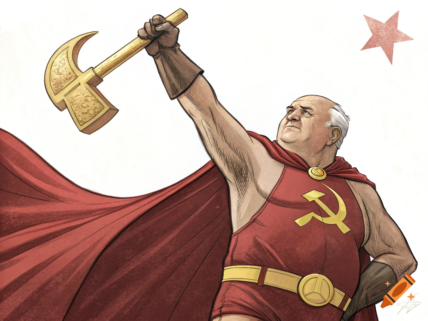 Illustration of a buff, costumed figure resembling Mikhail Gorbachev, raising a golden hammer aloft. He wears a red costume with a hammer and sickle symbol.