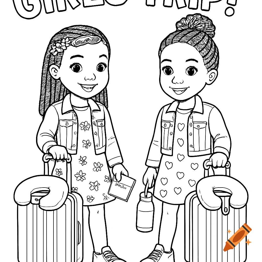 A black and white coloring page showing two young girls with luggage and neck pillows, getting ready for a trip. Text says "GIRLS TRIP!".