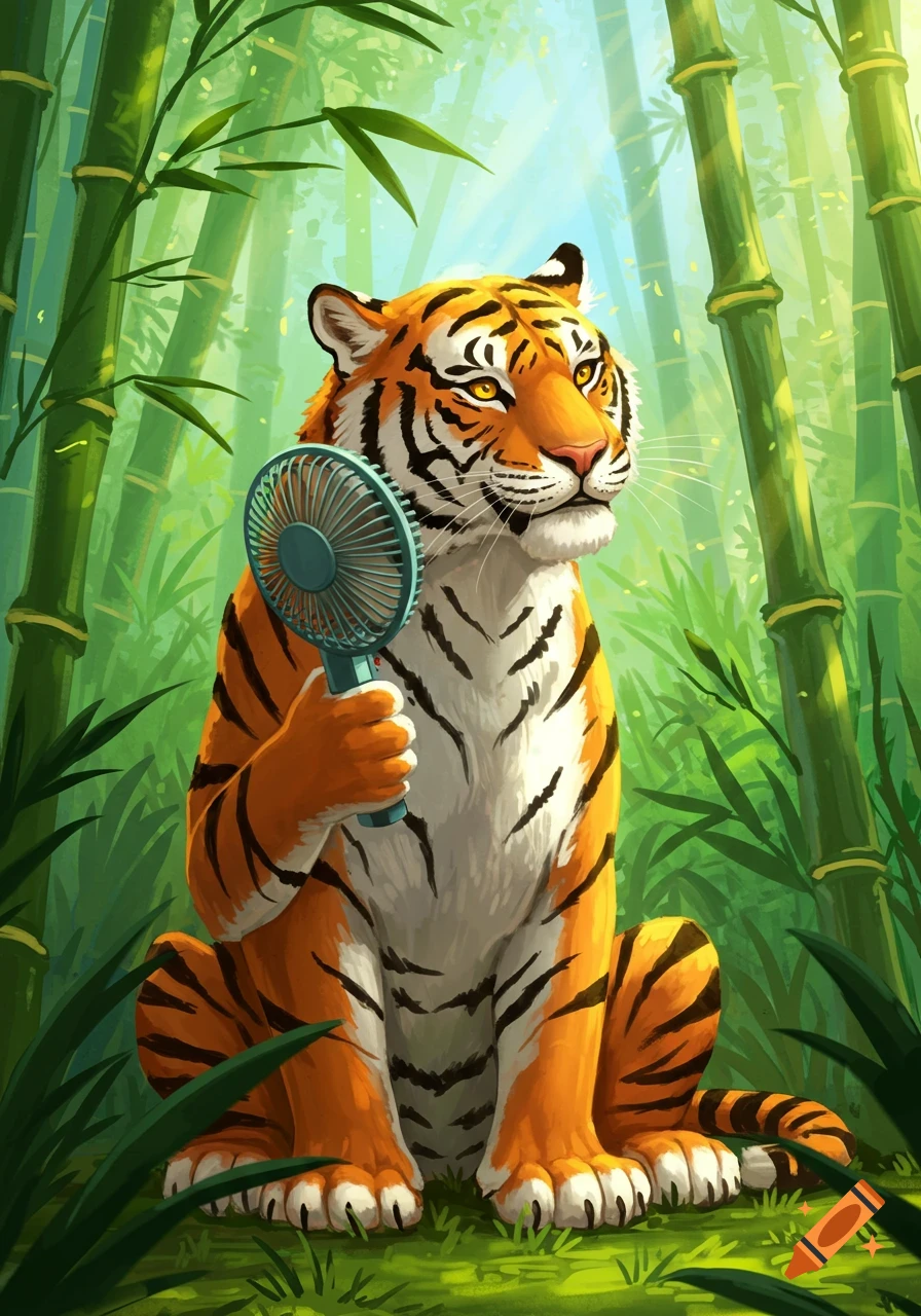 A tiger sits in a bamboo forest holding a hand fan, digital painting.
